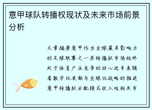 意甲球队转播权现状及未来市场前景分析